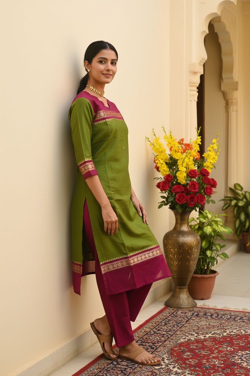 Women's Mehndi Green & Magenta Pure Cotton Kurta Set with Zari Border