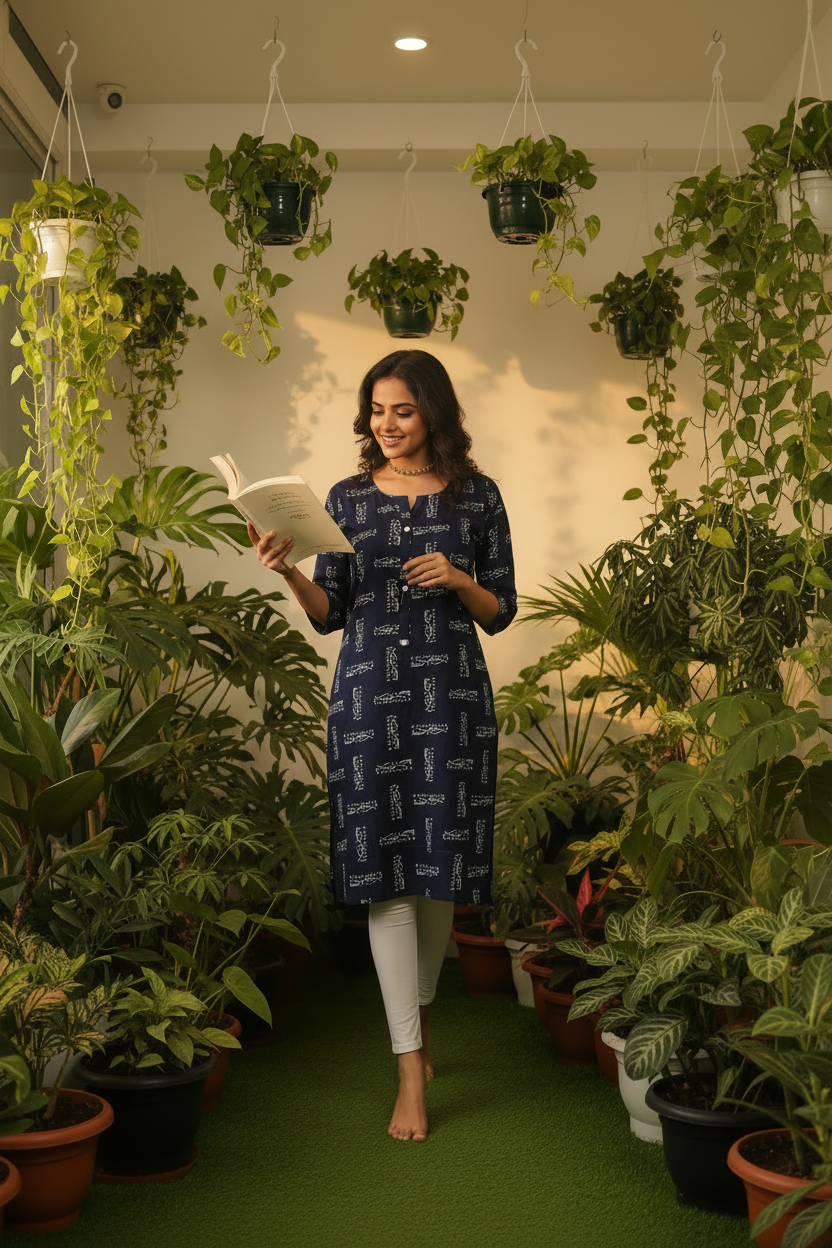 Women's Navy Blue Abstract Block Print Straight Kurta