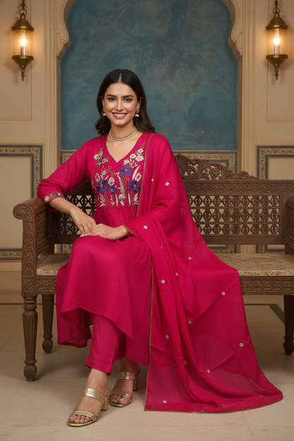 Women's V-Neck Flared Kurta Set with Floral Yoke Embroidery