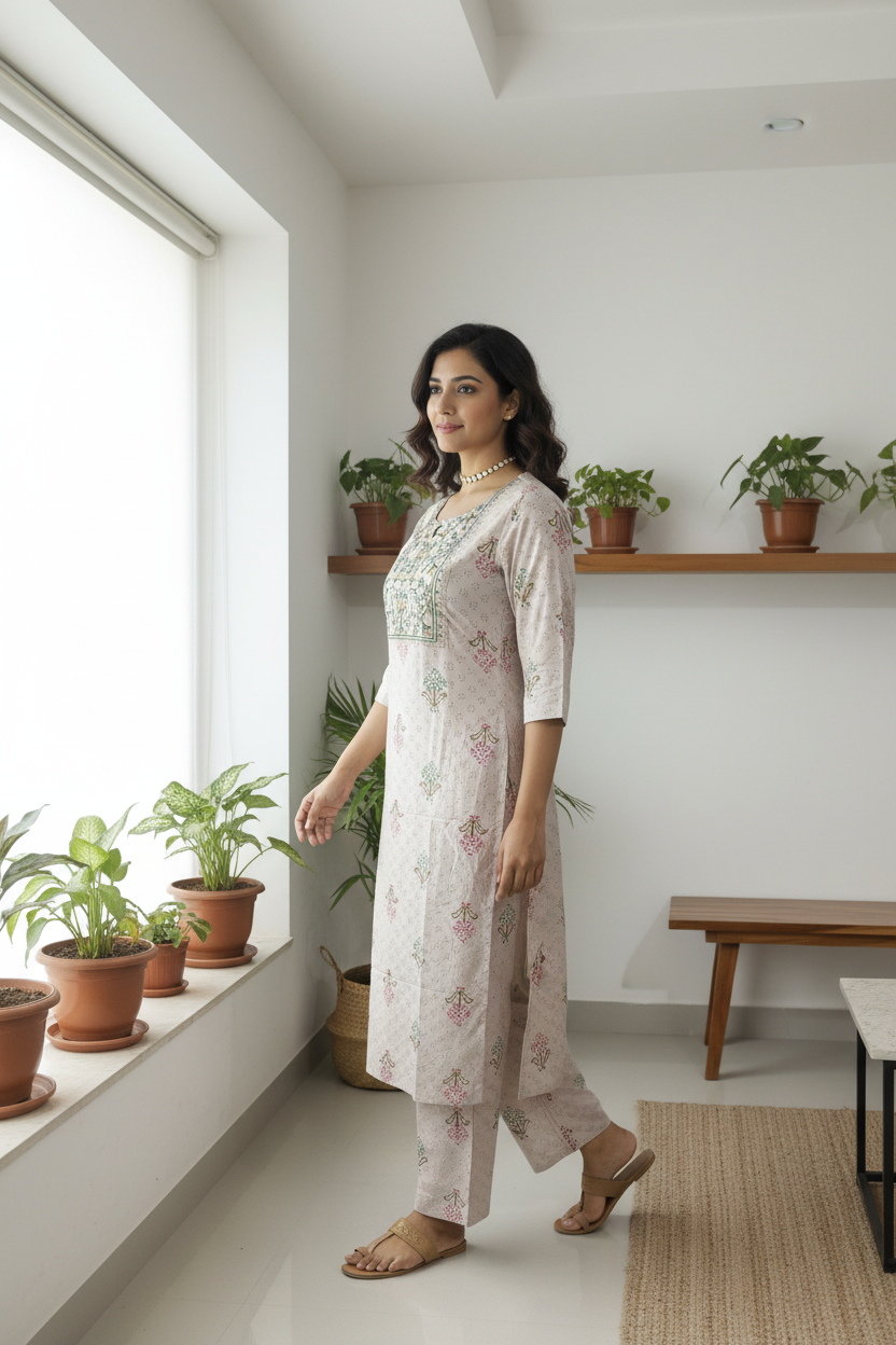 Women's Chikoo Printed Kurta Set with Embroidered Yoke