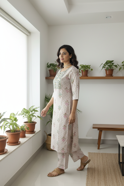 Women's Chikoo Printed Kurta Set with Embroidered Yoke