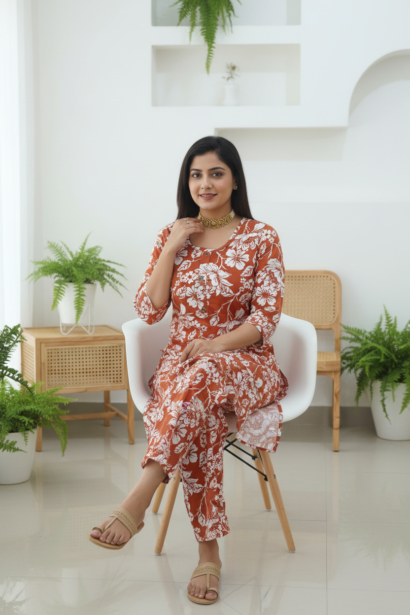 Women's Rust Hibiscus Floral Print Kurta & Pant Co-ord Set