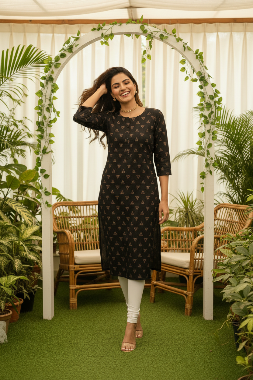 Women's Black Geometric Triangle Print Straight Kurta