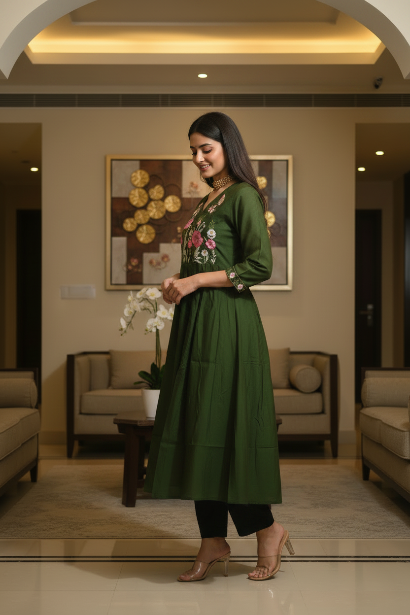 Women's V-Neck Flared Kurta Set with Floral Yoke Embroidery