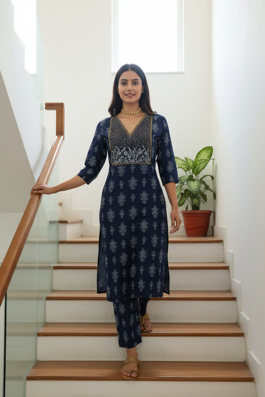 Women's Navy Blue Printed Straight Kurta with Pant Set
