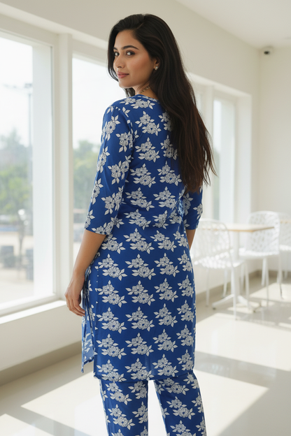 Women's Royal Blue Floral Print Kurta Co-ord Set