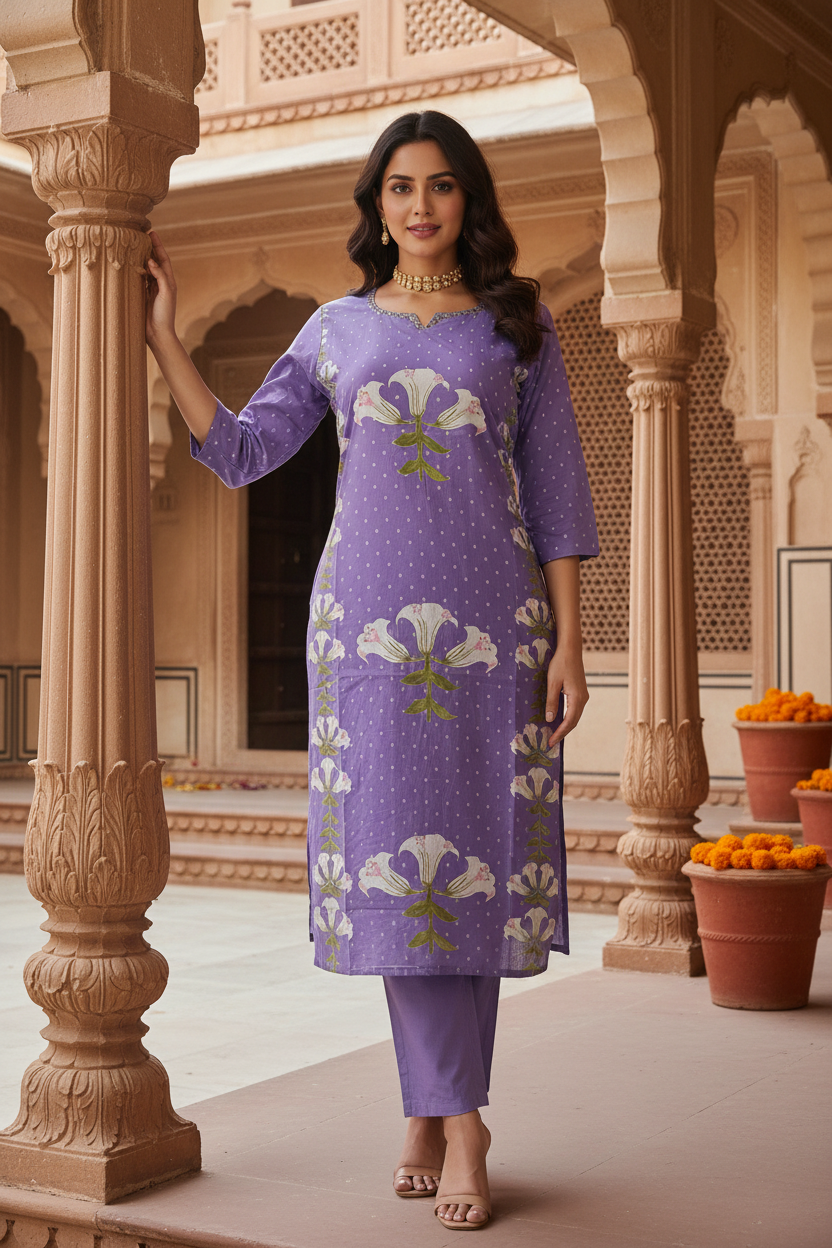Women's Lavender Lily Bloom Kurta Co-ord Set with Dupatta