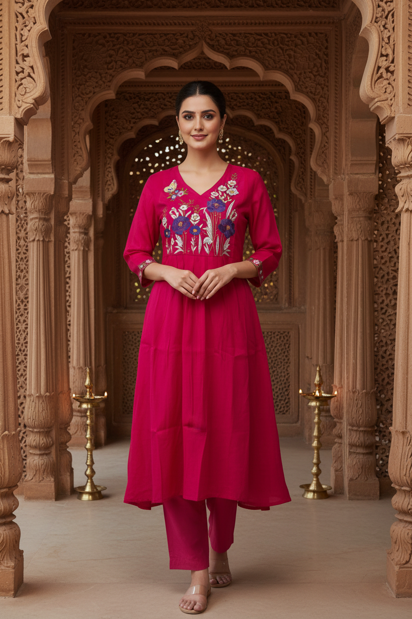 Women's V-Neck Flared Kurta Set with Floral Yoke Embroidery