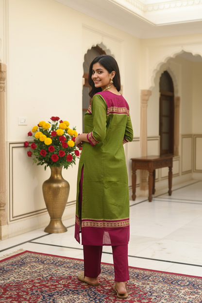 Women's Mehndi Green & Magenta Pure Cotton Kurta Set with Zari Border