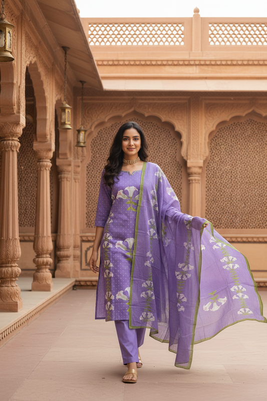 Women's Lavender Lily Bloom Kurta Co-ord Set with Dupatta