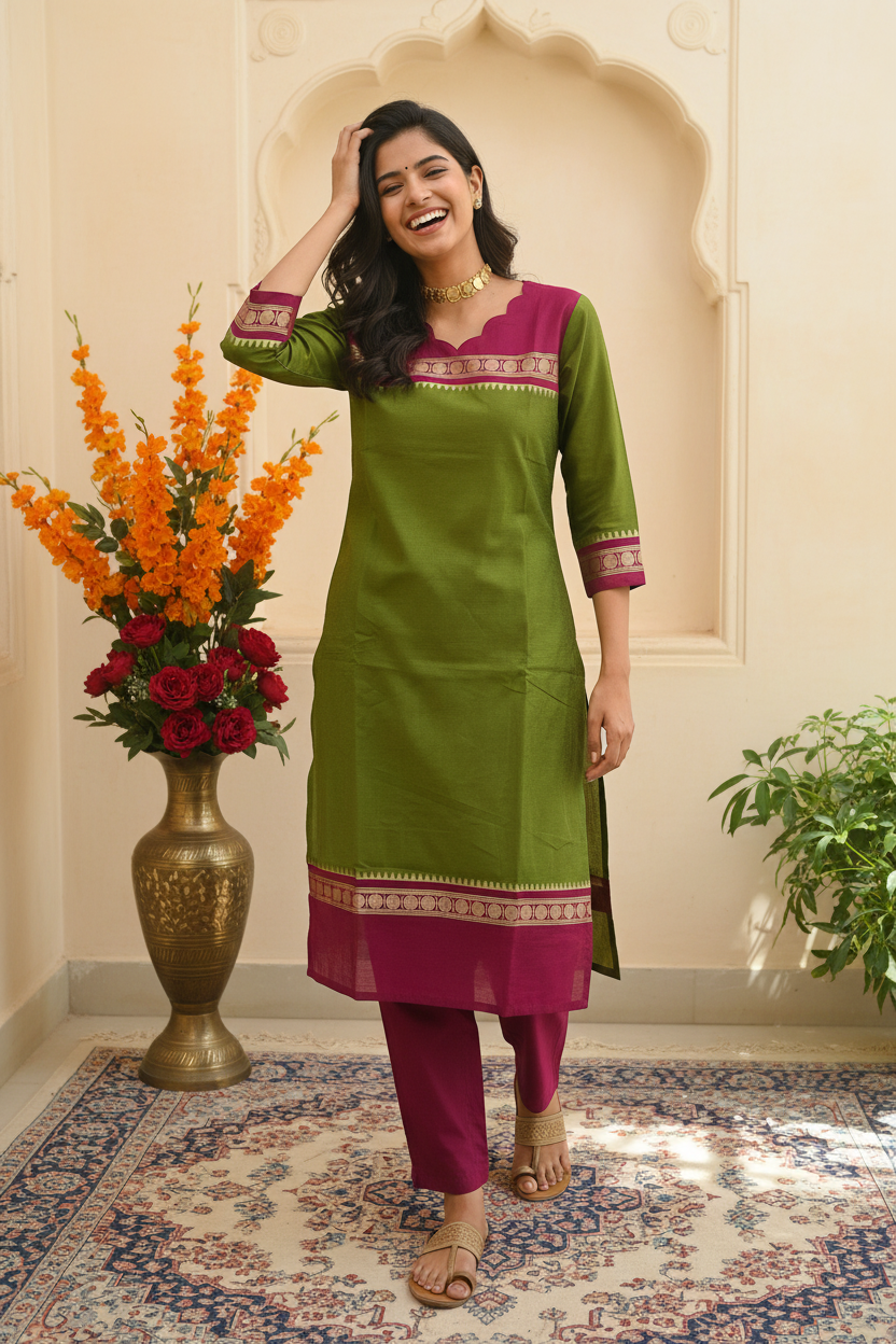 Women's Mehndi Green & Magenta Pure Cotton Kurta Set with Zari Border