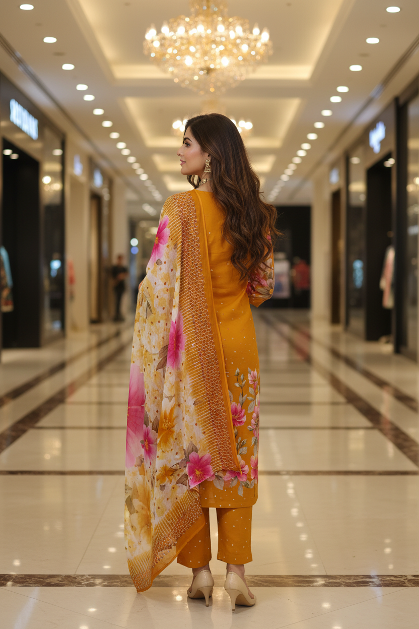 Women's Yellow Floral Print Kurta Co-ord Set with Floral Organza Dupatta