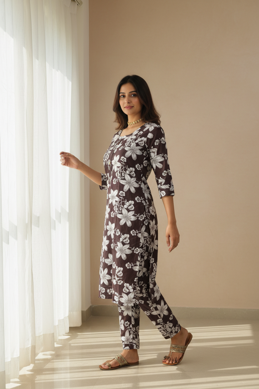 Women's Brown Floral Print Straight Kurta Pant Co-ord Set