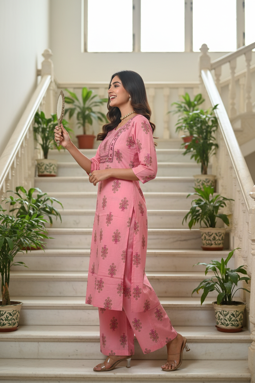 Women's Pink Kurta with Matching Palazzo Pant