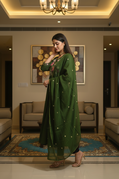 Women's V-Neck Flared Kurta Set with Floral Yoke Embroidery