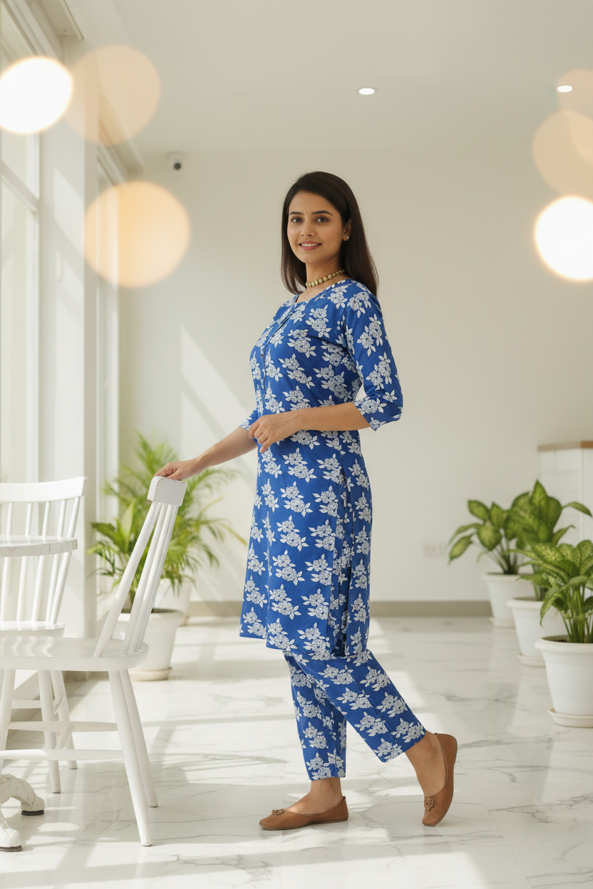 Women's Royal Blue Floral Print Kurta Co-ord Set