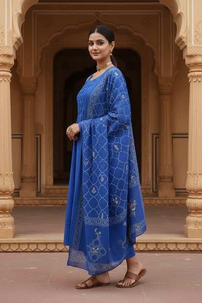 Women's Neel Bahar Royal Blue Kurta Palazzo Set with Printed Dupatta