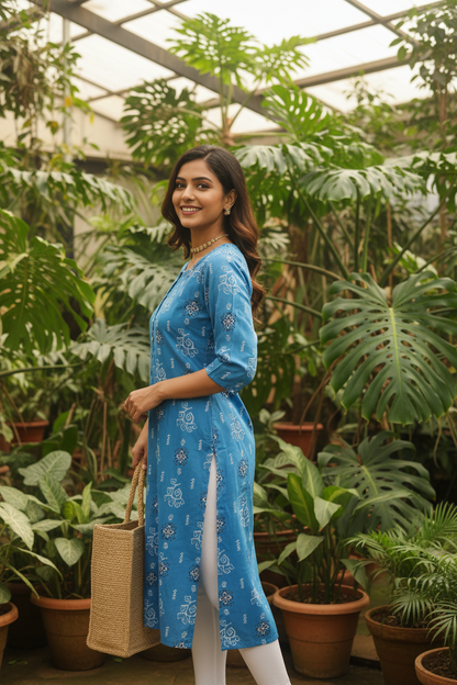Women's SkyBlue Floral Block Print Straight Kurta