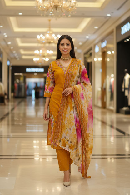 Women's Yellow Floral Print Kurta Co-ord Set with Floral Organza Dupatta