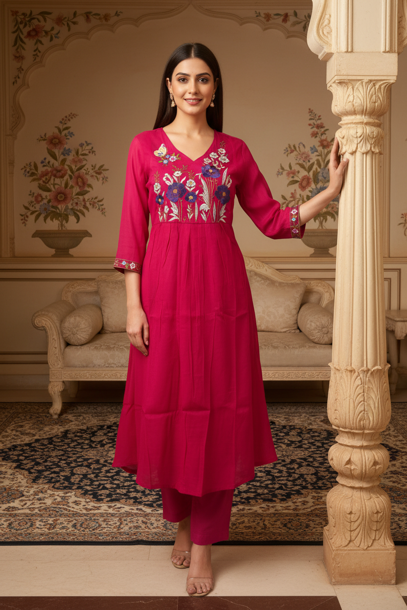 Women's V-Neck Flared Kurta Set with Floral Yoke Embroidery