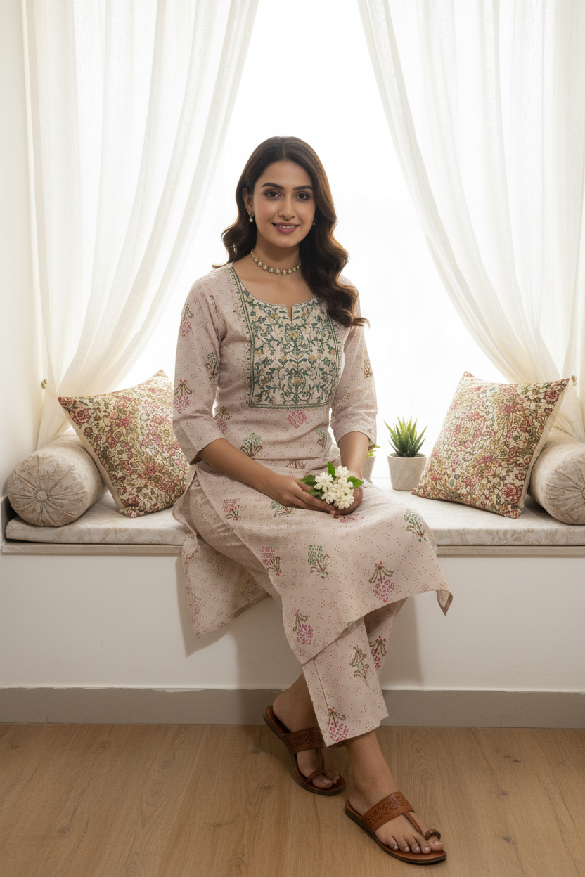 Women's Chikoo Printed Kurta Set with Embroidered Yoke