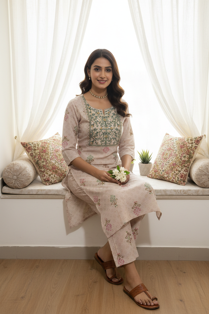 Women's Chikoo Printed Kurta Set with Embroidered Yoke