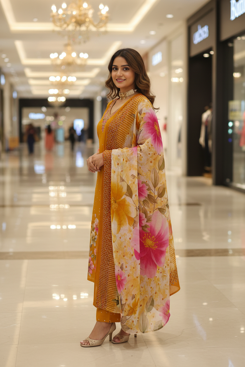 Women's Yellow Floral Print Kurta Co-ord Set with Floral Organza Dupatta