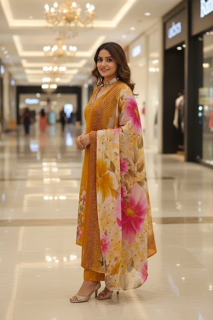Women's Yellow Floral Print Kurta Co-ord Set with Floral Organza Dupatta