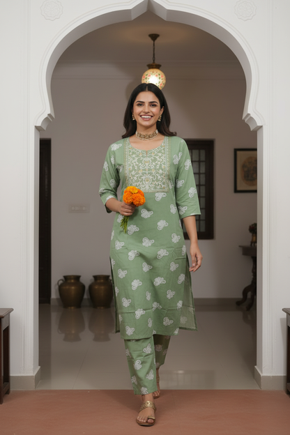 Women's Green Paisley Print Kurta Co-ord Set with Embroidered Yoke