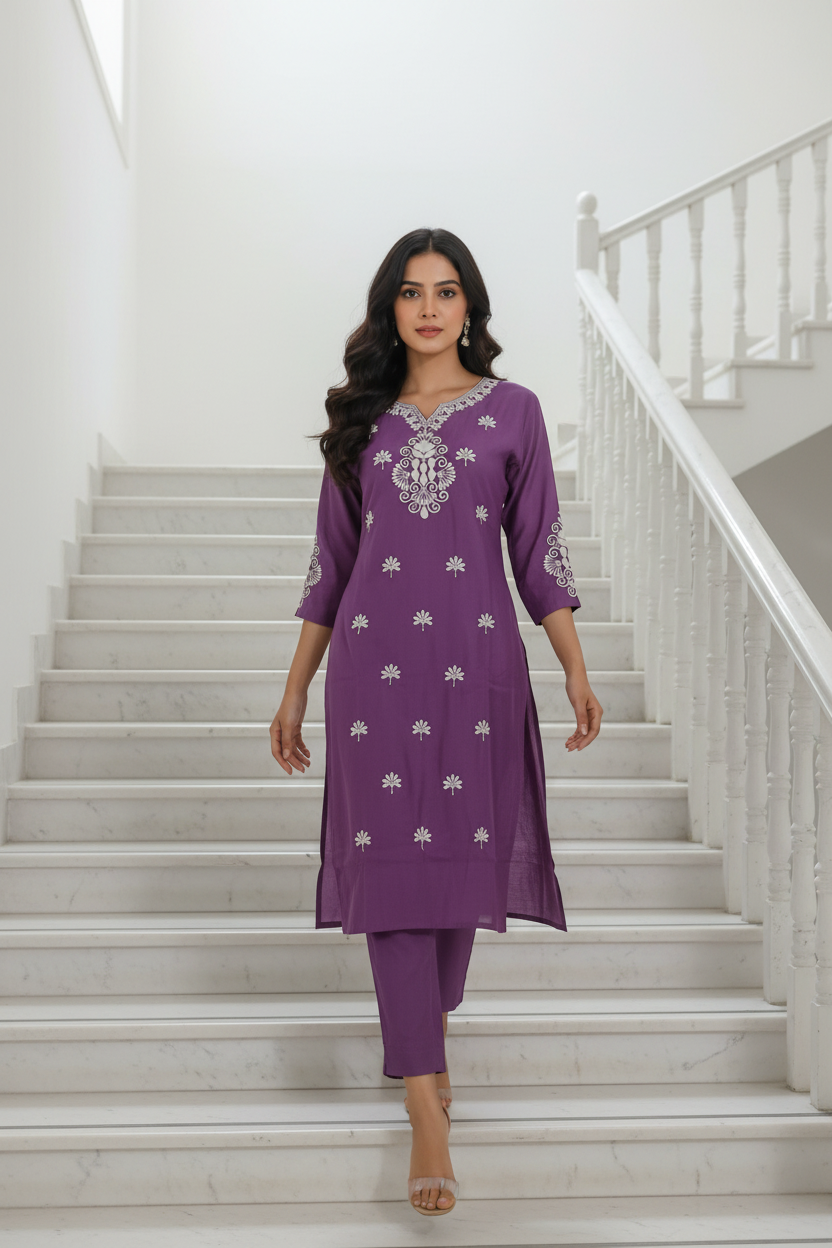 Women's Purple Embroidered Kurta Pant Set with Zari Dupatta