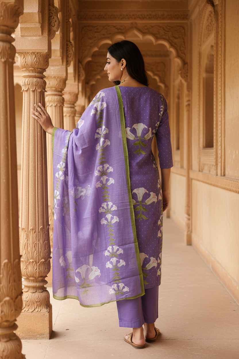 Women's Lavender Lily Bloom Kurta Co-ord Set with Dupatta