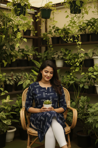 Women's Navy Blue Abstract Block Print Straight Kurta