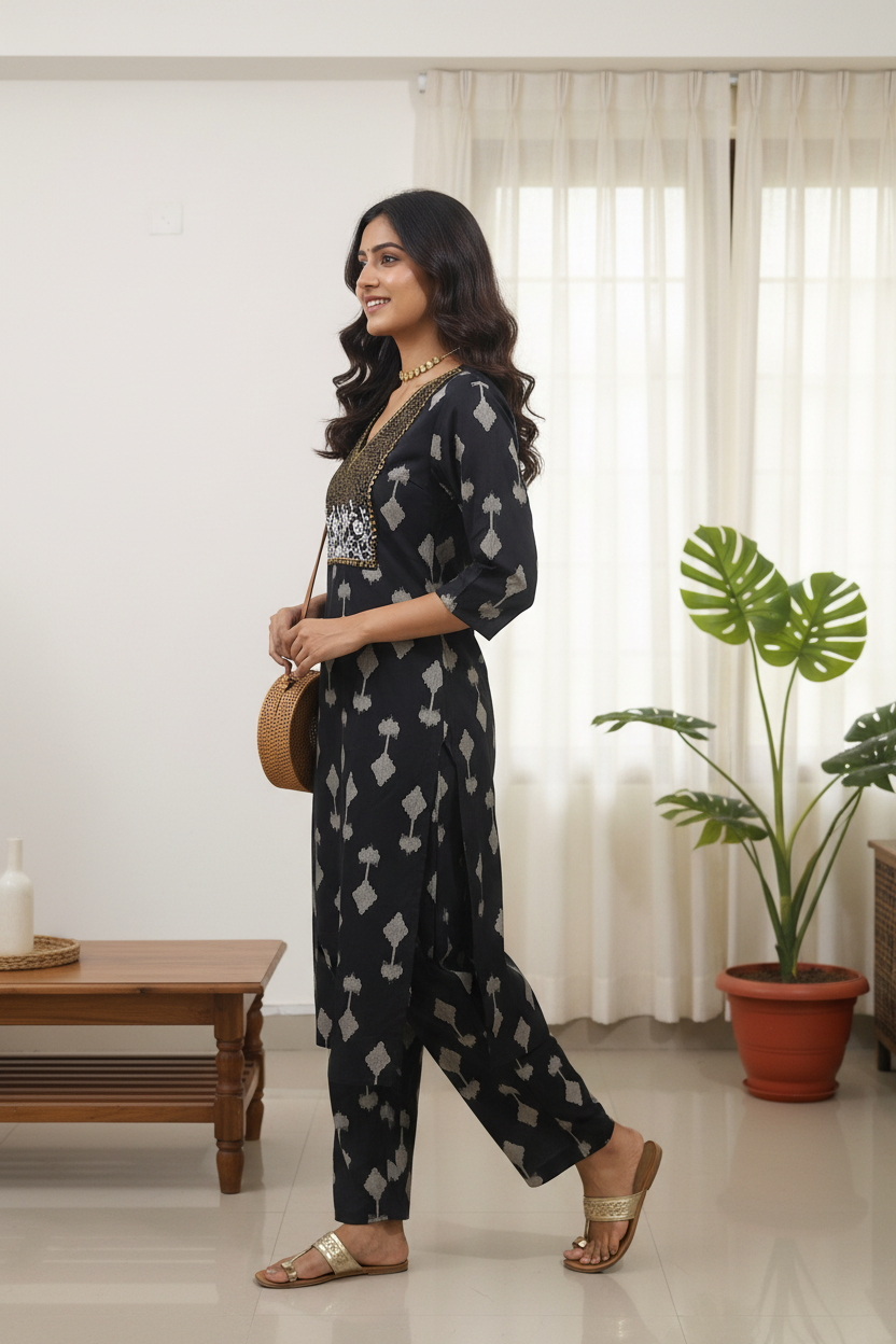 Women's Black Ikat Embroidered Yoke Kurta & Pant Co-ord Set