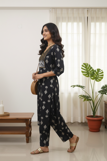 Women's Black Ikat Embroidered Yoke Kurta & Pant Co-ord Set