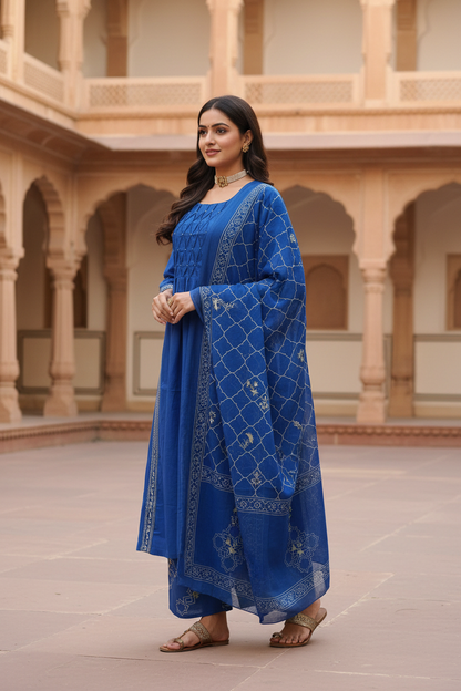 Women's Neel Bahar Royal Blue Kurta Palazzo Set with Printed Dupatta