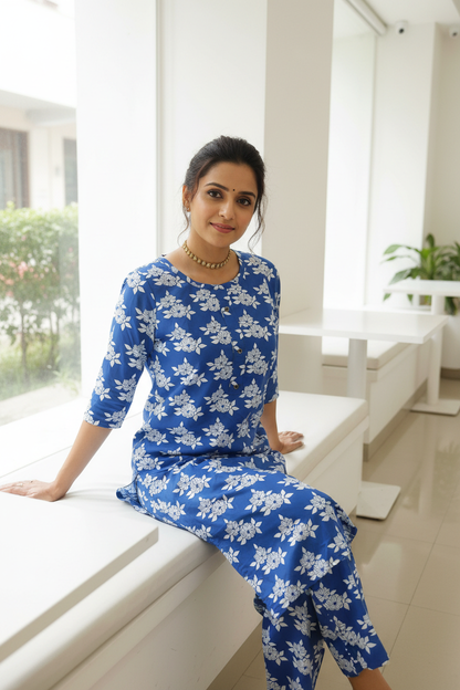 Women's Royal Blue Floral Print Kurta Co-ord Set