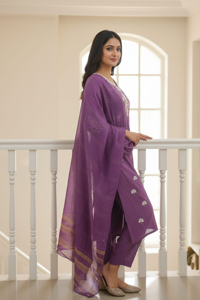 Women's Purple Embroidered Kurta Pant Set with Zari Dupatta