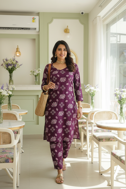 Women Deep Plum Floral Block Print Kurta Pant Set