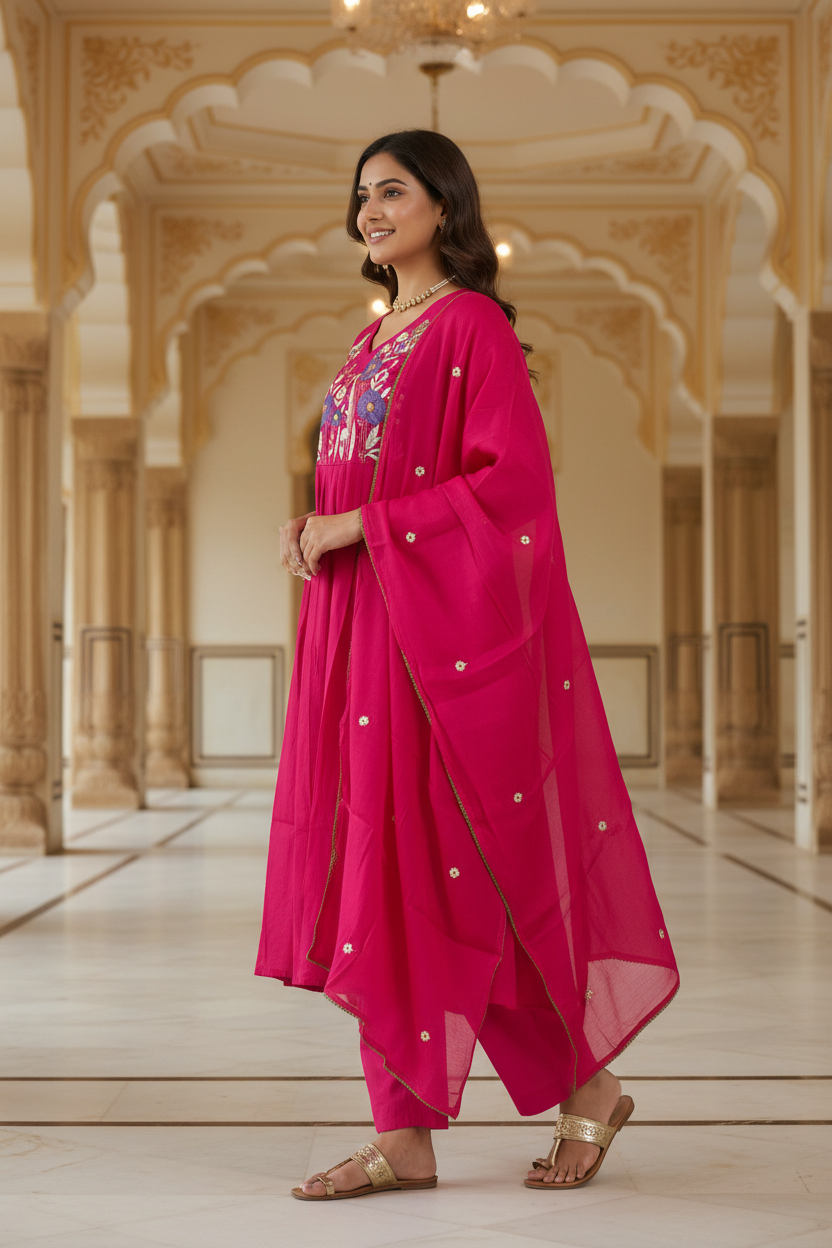 Women's V-Neck Flared Kurta Set with Floral Yoke Embroidery