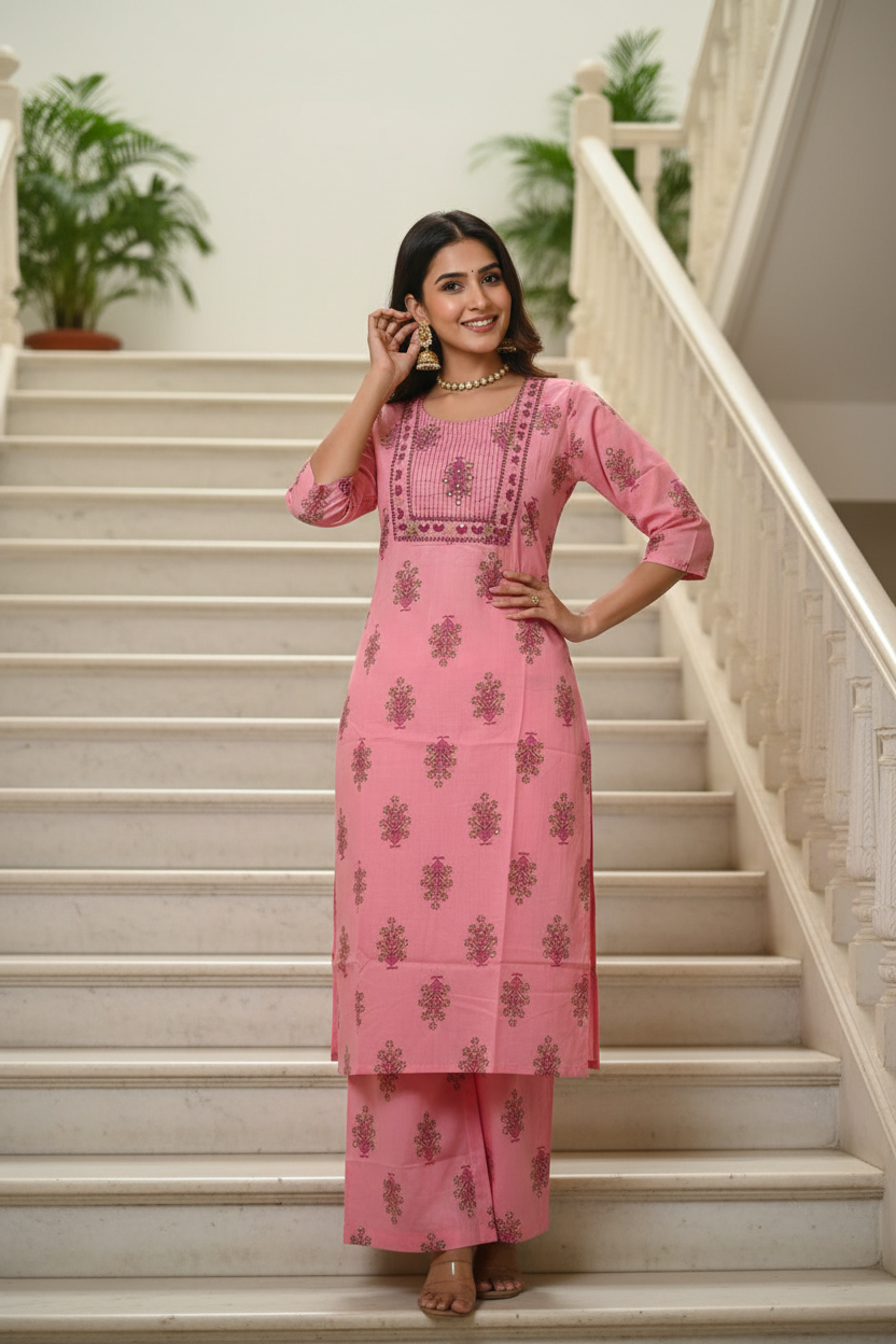 Women's Pink Kurta with Matching Palazzo Pant