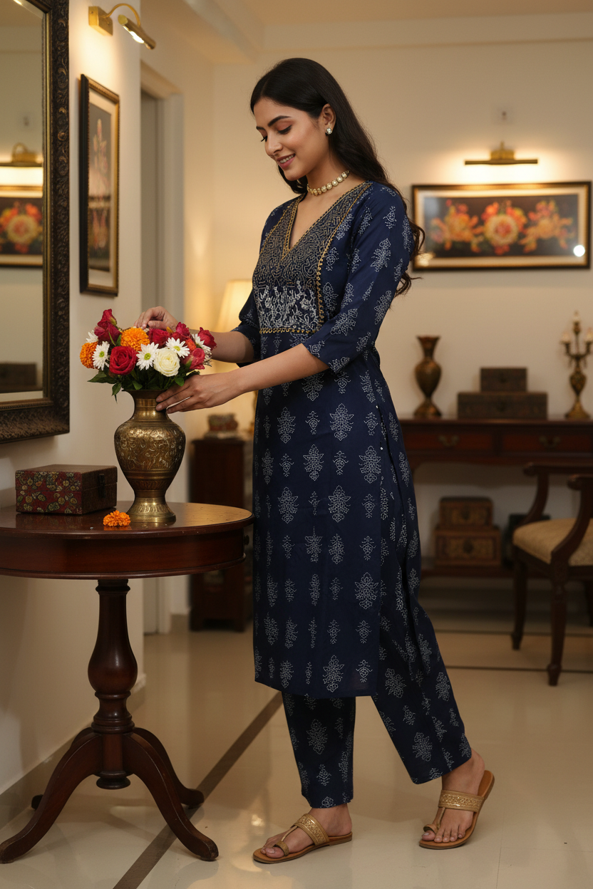 Women's Navy Blue Printed Straight Kurta with Pant Set
