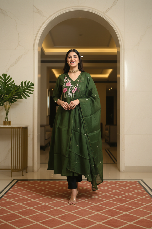 Women's V-Neck Flared Kurta Set with Floral Yoke Embroidery