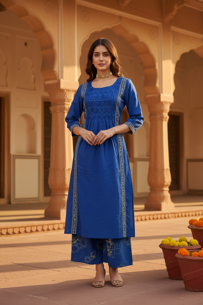 Women's Neel Bahar Royal Blue Kurta Palazzo Set with Printed Dupatta