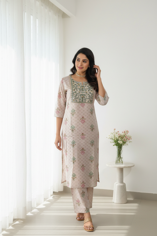 Women's Chikoo Printed Kurta Set with Embroidered Yoke