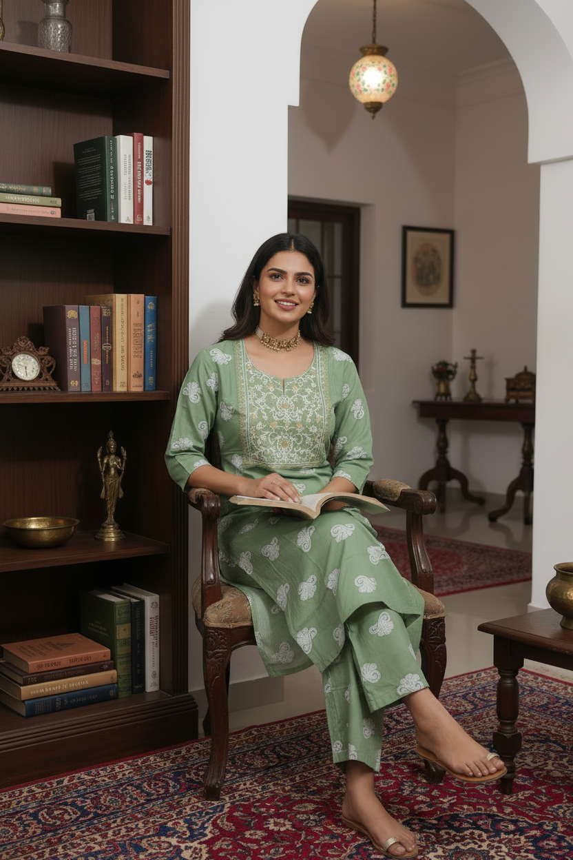 Women's Green Paisley Print Kurta Co-ord Set with Embroidered Yoke