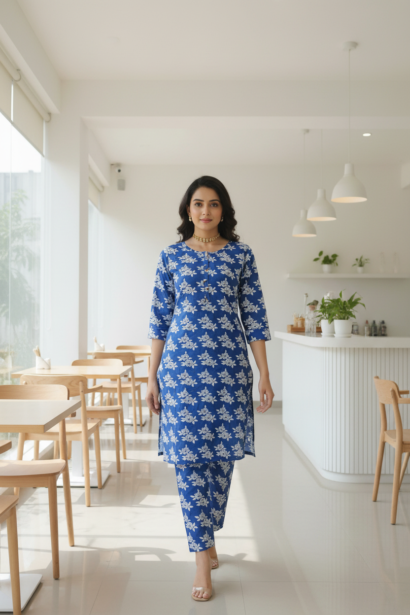 Women's Royal Blue Floral Print Kurta Co-ord Set