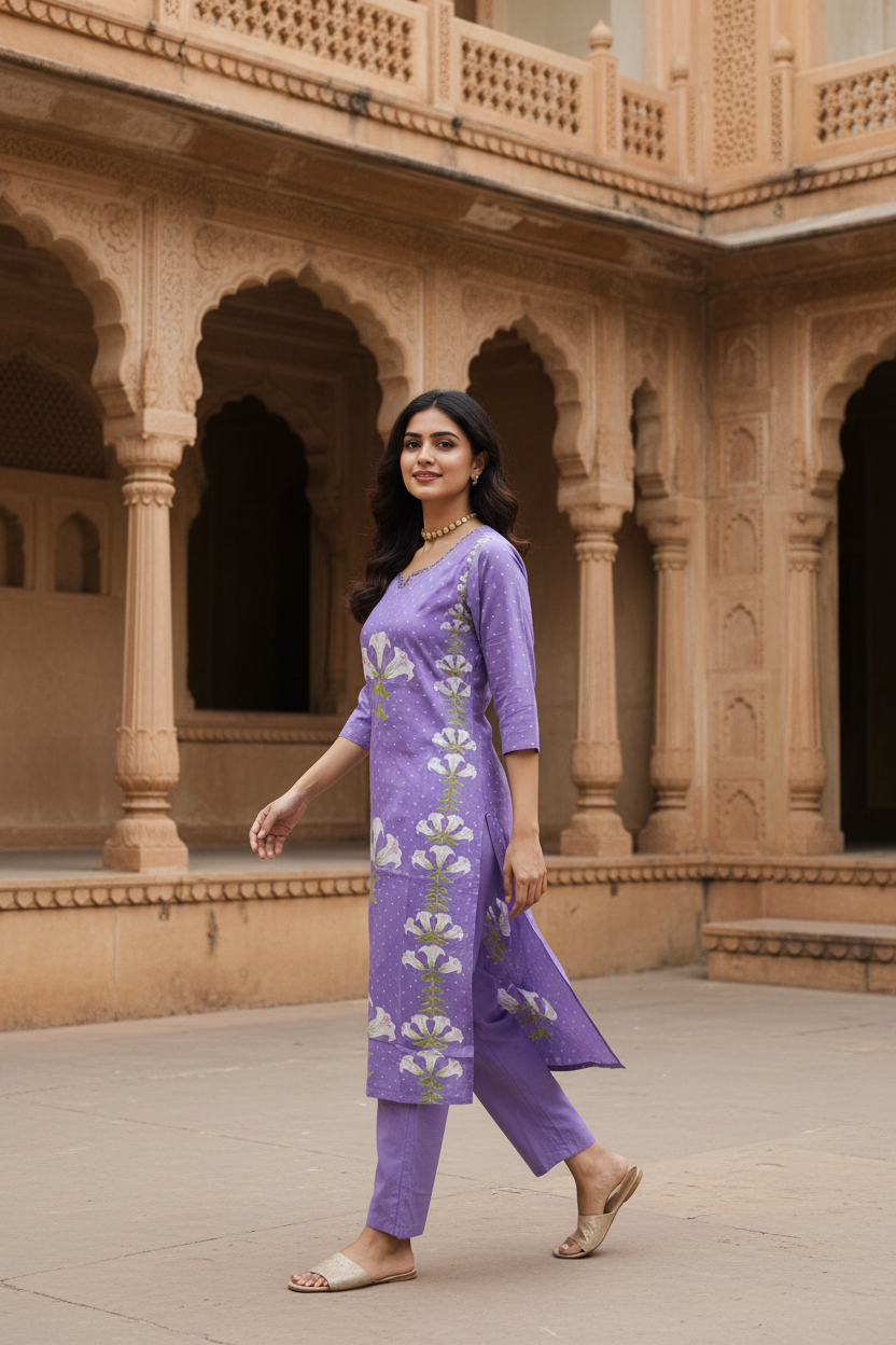 Women's Lavender Lily Bloom Kurta Co-ord Set with Dupatta