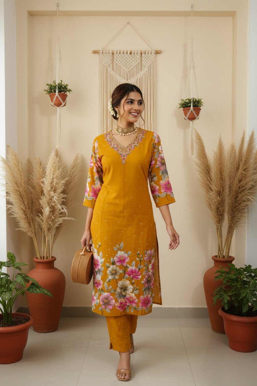 Women's Yellow Floral Print Kurta Co-ord Set with Floral Organza Dupatta