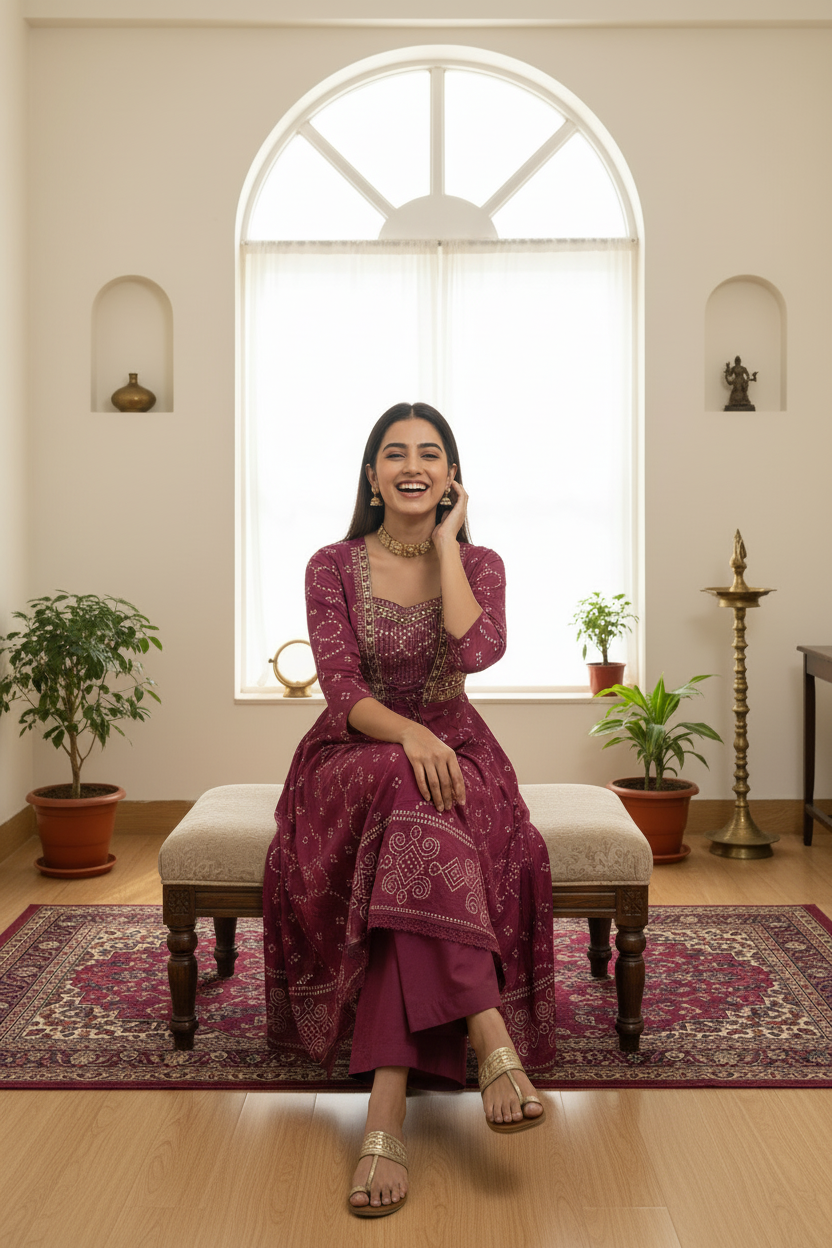 Women's Deep Wine Bandhani Print Anarkali Kurta with Zari Embroidery, Palazzo & Organza Dupatta