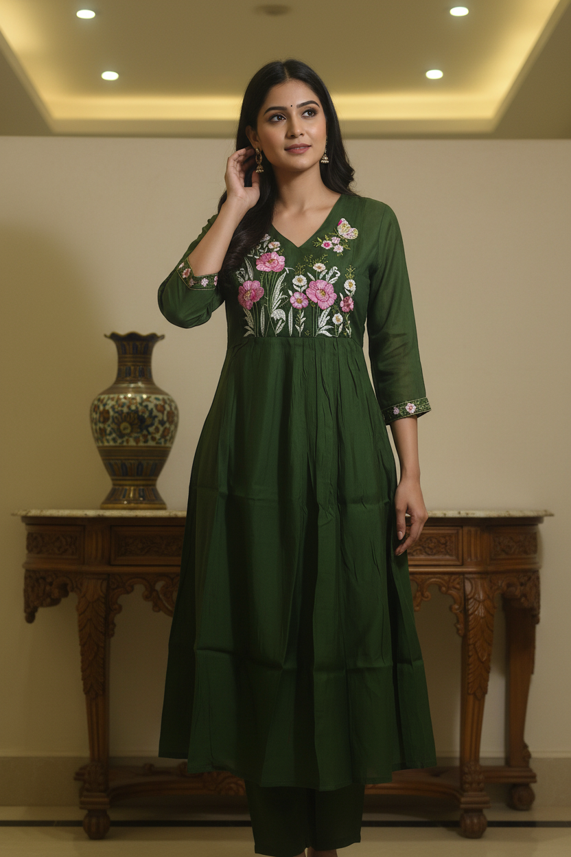 Women's V-Neck Flared Kurta Set with Floral Yoke Embroidery